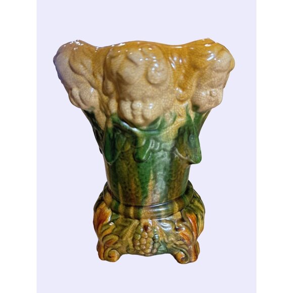 Vintage Majolica Style Glazed Ceramic Vase Putti Cherubs Green & Yellow Floral - Picture 4 of 9